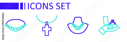 Set line Diamond engagement ring in box, Necklace mannequin, Christian cross chain and Pearl necklace icon. Vector