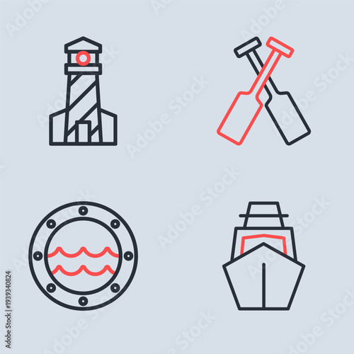 Set line Crossed oars or paddles boat, Ship porthole, Yacht sailboat and Lighthouse icon. Vector