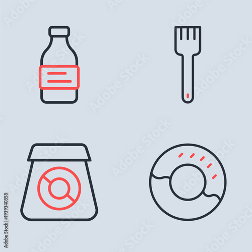 Set line Fork, Online ordering food, Donut and Bottle of water icon. Vector