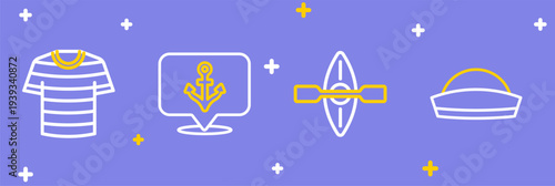 Set line Sailor hat, Kayak and paddle, Anchor and Striped sailor t-shirt icon. Vector