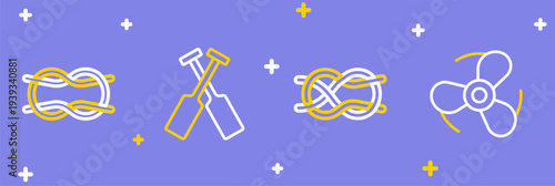 Set line Boat propeller, Nautical knots, Crossed oars or paddles boat and icon. Vector
