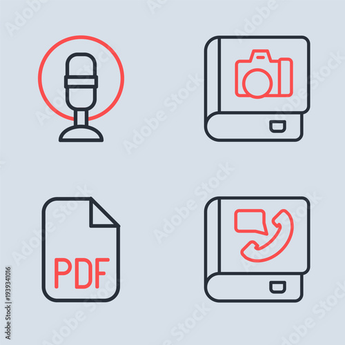 Set line Photo album gallery, PDF file document, Phone book and Microphone icon. Vector