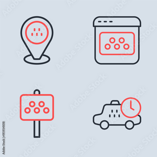 Set line Taxi mobile app, Road sign for taxi stand, waiting time and Location car icon. Vector