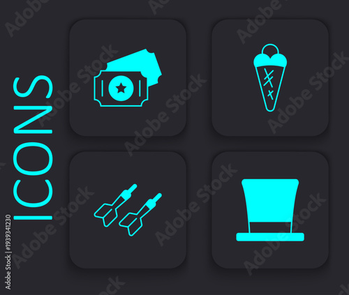 Set Cylinder hat, Circus ticket, Ice cream waffle and Dart arrow icon. Black square button. Vector