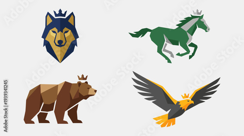 This logo collection showcases four stylized animal heads - a wolf, horse, bear, and eagle, all adorned with crowns, symbolizing regal power and nature's majesty.