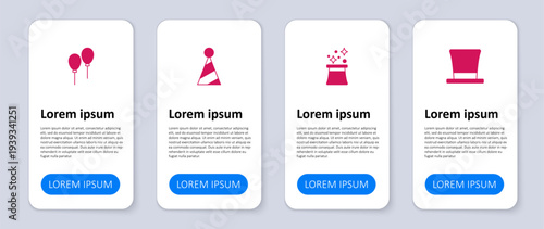 Set Cylinder hat, Magician, Party and Balloons with ribbon. Business infographic template. Vector