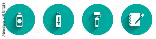 Set Paint spray can, Stationery knife, roller brush and Notebook icon with long shadow. Vector
