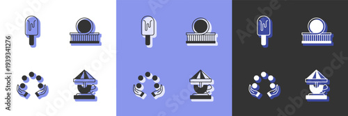 Set Attraction carousel, Ice cream, Juggling ball and Roller coaster icon. Vector