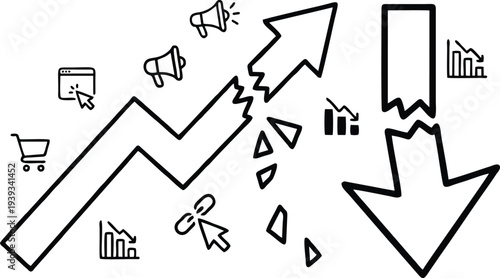 Online Marketing Failure Concept with Broken Growth Arrow and Declining Business Icons