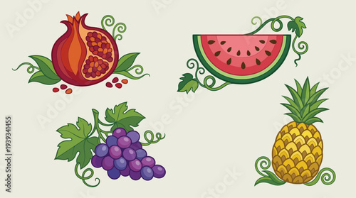 This artwork features a vibrant collection of fruits including pomegranates, watermelon, grapes, and pineapples, symbolizing health, vitality, and the beauty of nature’s bounty.