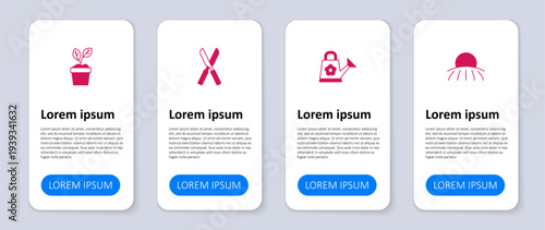 Set Sunrise, Watering can, Gardening scissors and Plant pot. Business infographic template. Vector