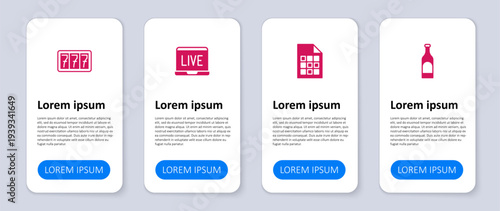 Set Bottle of wine, Lottery ticket, Online poker table game and Slot machine with jackpot. Business infographic template. Vector