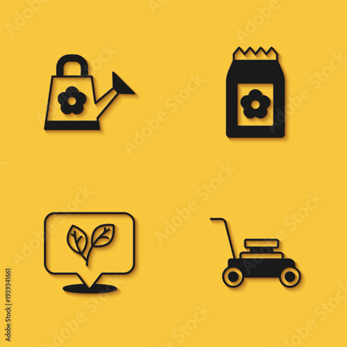 Set Watering can, Lawn mower, Leaf and Pack full of seeds icon with long shadow. Vector