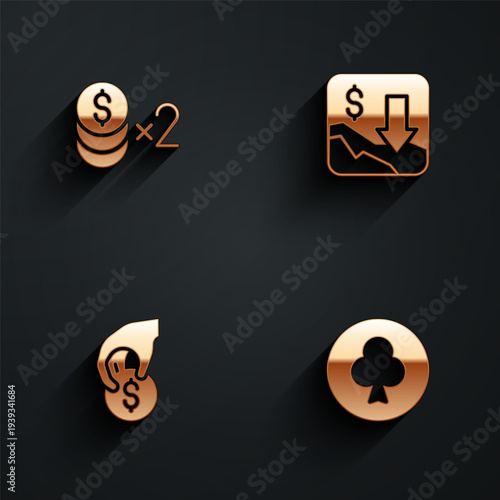 Set Casino chip with dollar, Financial growth decrease, Hand holding casino chips and Playing card clubs symbol icon with long shadow. Vector