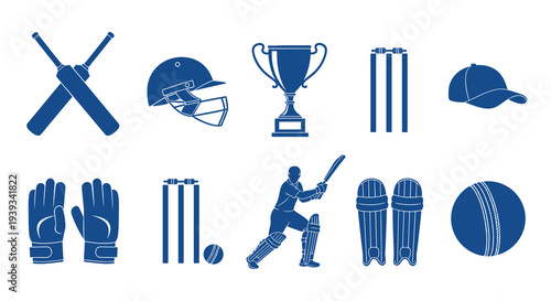 Cricket Equipment Icon Set - Blue Flat Design Vector