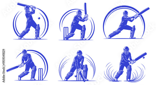 Cricket Batsman Poses Vector Illustration Set - Different Batting Strokes
