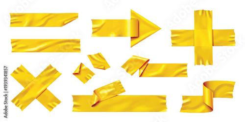 Realistic yellow sticky tape pieces with curled ends and wrinkles shiny adhesive strips vector illustration