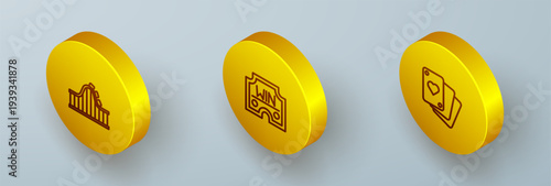 Set Isometric line Roller coaster, Casino win and Playing cards icon. Vector