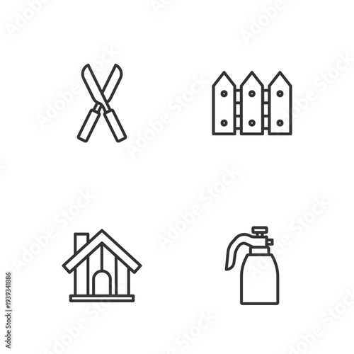 Set line Garden sprayer for water, Farm house, Gardening scissors and fence wooden icon. Vector