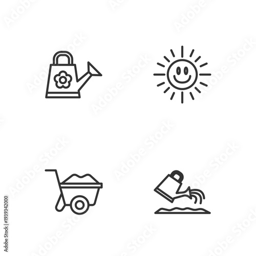 Set line Watering can, Wheelbarrow, and Sun icon. Vector