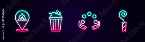 Set line Circus tent, Popcorn in cardboard box, Juggling ball and Birthday party horn. Glowing neon icon. Vector