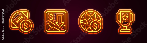 Set line American football betting money, Financial growth decrease, Football and Casino poker trophy cup. Glowing neon icon. Vector