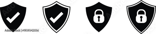 Four black and white security shield icons showing two designs with a clear white checkmark and two designs with a distinct white padlock