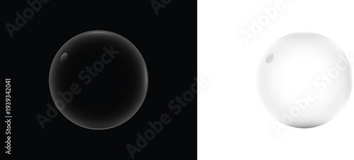 A shiny reflective sphere is displayed against contrasting black and white backgrounds from a straightforward frontal viewpoint showcasing its luminous surface and subtle shadow details