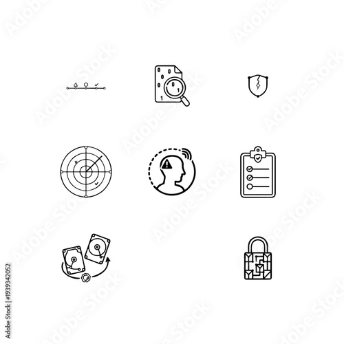 Cyber resilience and digital forensic linear icon set, incident response, data recovery and algorithmic threat detection vector symbols