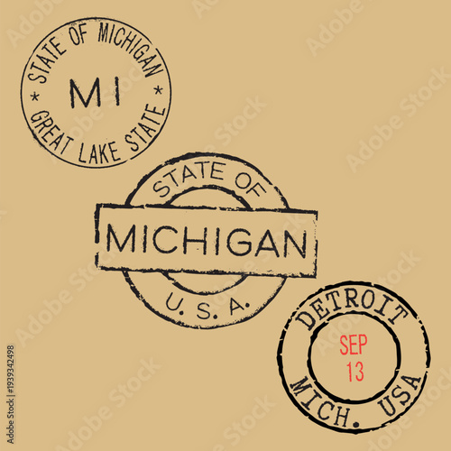 Three postage stamps Detroit, Michigan, USA, on a khaki background. One stamp features the abbreviation 'MI', and another shows a visible date.