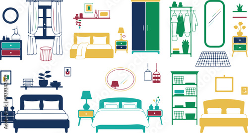 Colorful minimalist illustrations of various bedroom furniture and decor items on white background