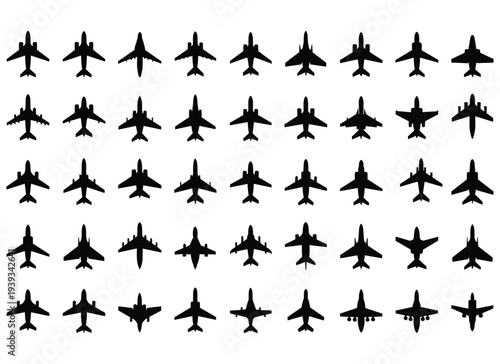Airplane silhouette icon set collection isolated on white background featuring various aircraft top view shapes representing aviation, air travel, transportation and airline industry design
