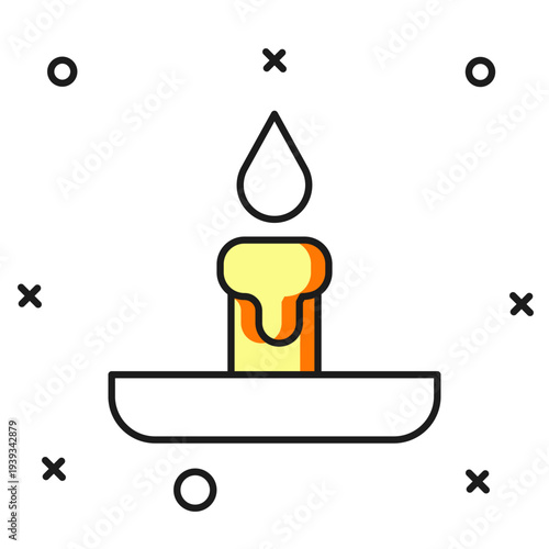 Filled outline Burning candle in candlestick icon isolated on white background. Cylindrical candle stick with burning flame. Flat filled outline style with shadow. Vector