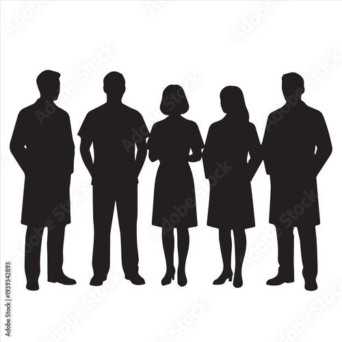 Black silhouettes of a diverse group of business people, men, and women standing in a professional team meeting illustration