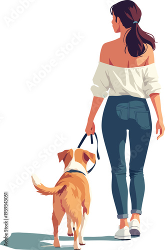 donna mentre porta a passeggio il cane vettoriale
