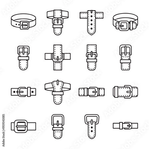 Collection of Belt Buckle and Strap Icons Various Styles Line Art Isolated on White