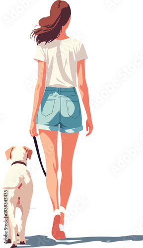 donna mentre porta a passeggio il cane vettoriale