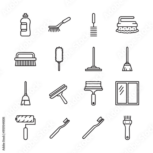 Collection of Cleaning Tools Icons Vector IllustrationBasic Outline Style