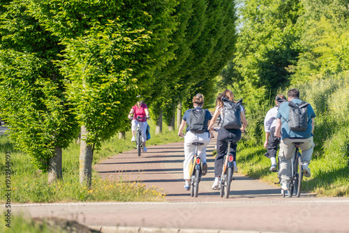 Fotografi Group of people cycling on a tree-lined path in bright summer sunlight, friends riding bicycles with backpacks through a green park avenue, active lifestyle and sustainable urban transport concept