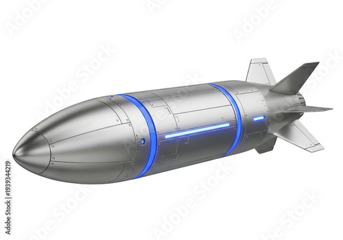 Silver torpedo with blue accents and fins isolated on transparent background