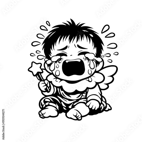 Crying baby angel character illustration, cute emotional cartoon style