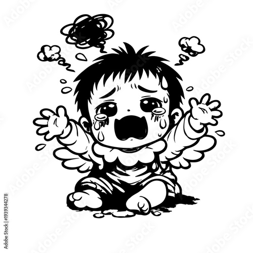 Cute crying angel character feeling upset, kawaii cartoon illustration