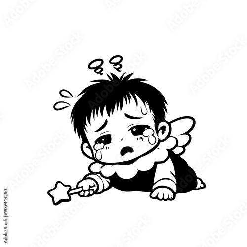 Cute tired baby angel character crying and exhausted, emotional cartoon illustration