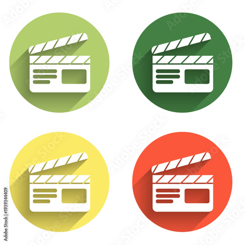 Set Movie clapper icon isolated with long shadow background. Film clapper board. Clapperboard sign. Cinema production or media industry. Color circle button. Vector