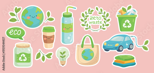 Cute eco friendly zero waste sticker pack vector set