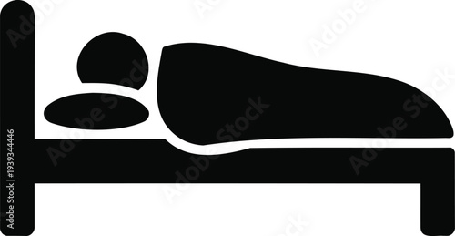 Simple black silhouette vector icon of a person sleeping in a bed, ideal for hotel, accommodation, or rest-related graphic design projects and web interfaces.
