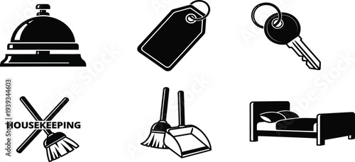 Hotel Service Icons: Bell, Tag, Key, Housekeeping, Broom, Dustpan, Bed