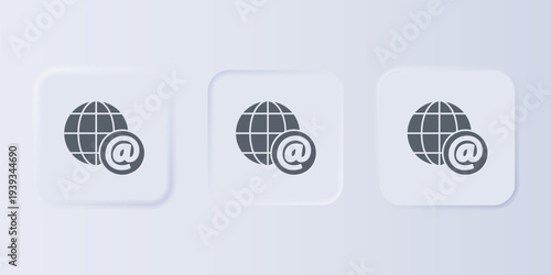 Grey Earth globe with mail and e-mail icon isolated on grey background. Envelope symbol e-mail. Email message sign. Set icons in square buttons. Vector