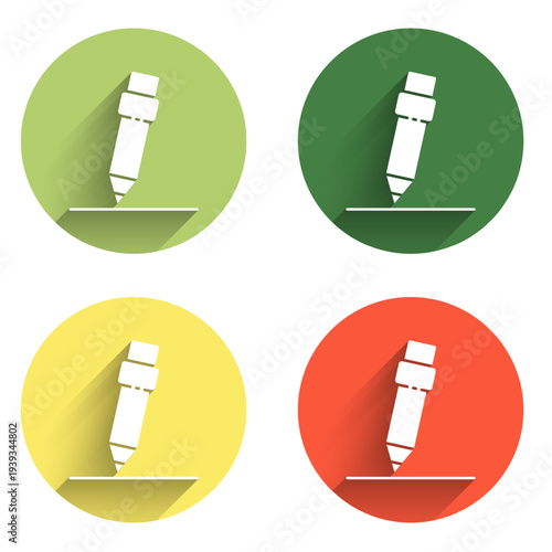Set Pencil with eraser icon isolated with long shadow background. Drawing and educational tools. School office symbol. Color circle button. Vector