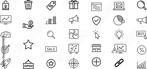 digital marketing icon set. Thin line vector symbols for SEO, PPC, and content marketing. Includes sales funnel and analytics icons. Vector illustration